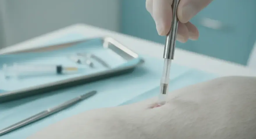 Zabieg kastracji chemicznej psa. Weterynarz w rękawiczce wprowadza implant pod skórę zwierzęcia.