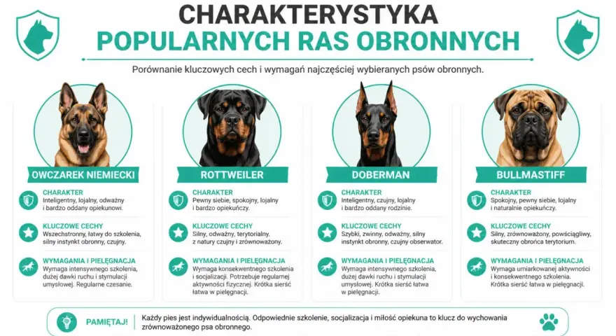 Cztery psy obronne: owczarek niemiecki, rottweiler, doberman i bullmastiff. Każdy z nich, mimo potencjalnie agresywne psy, wymaga odpowiedniego szkolenia.