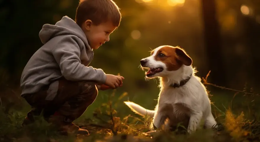 Chłopiec i jack russell terrier w złotym świetle zachodzącego słońca. Ich spojrzenia się krzyżują, tworząc magiczną więź między dziećmi a ich czworonożnymi przyjaciółmi.