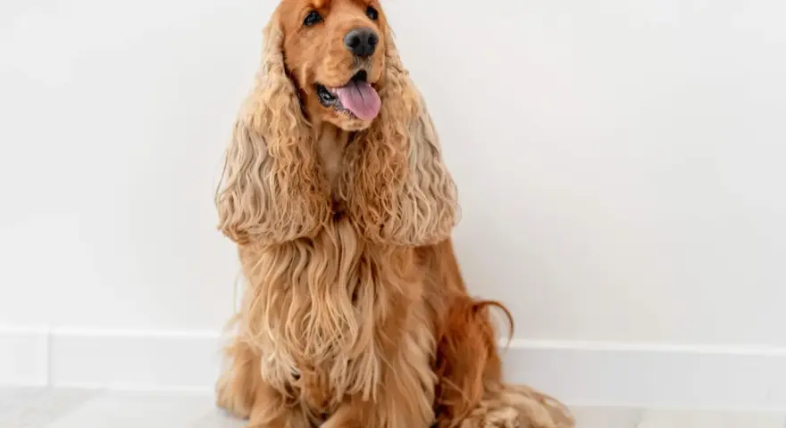 Uroczy cocker spaniel o złotym futrze siedzi na jasnej podłodze, z językiem na wierzchu, wyglądając na zadowolonego.