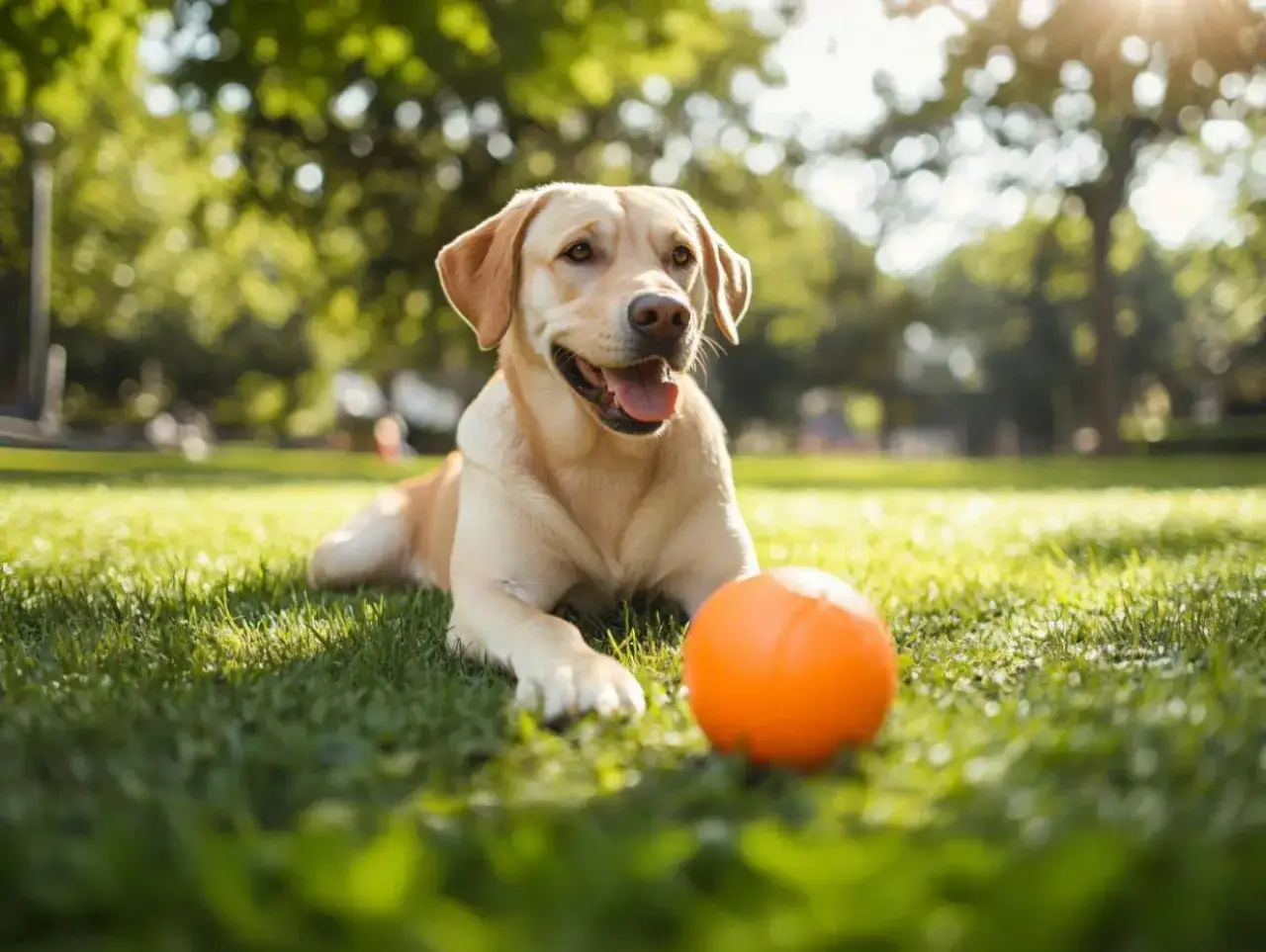 Szczęśliwy labrador leży na trawie obok pomarańczowej piłki, gotowy do zabawy w domu.