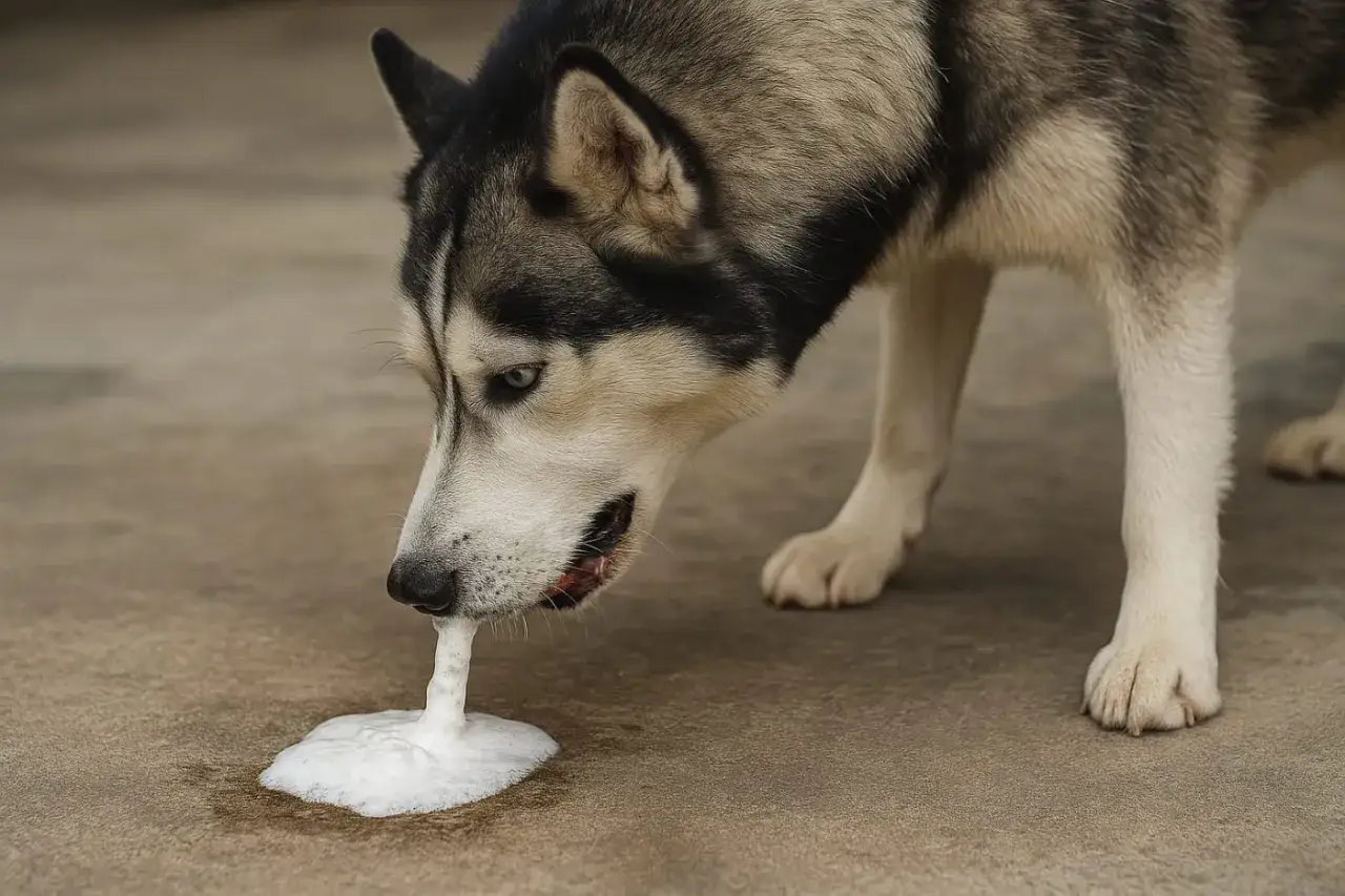 Pies rasy husky je trawę i wymiotuje pianą.