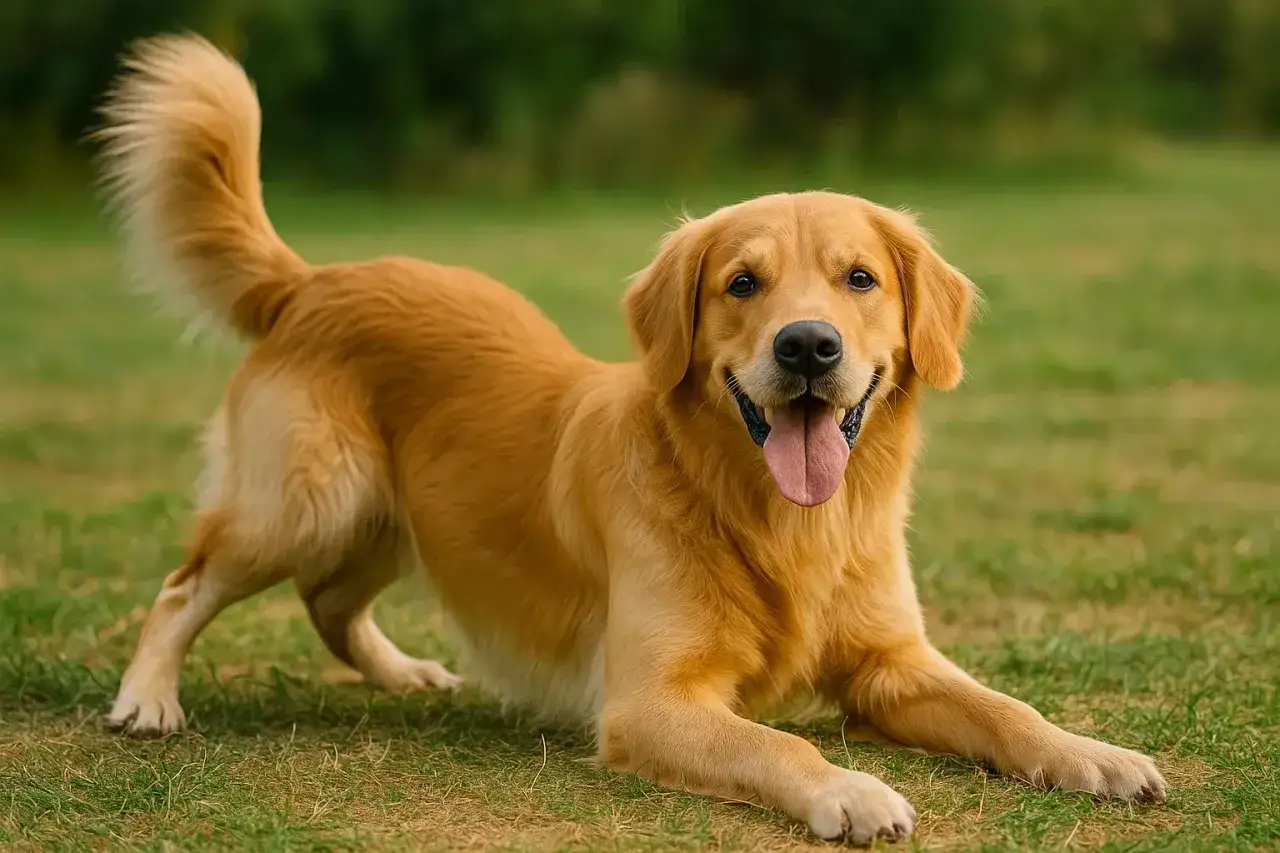 Złoty retriever na trawie, z językiem na wierzchu. Chcesz wiedzieć, co zrobić, żeby psy się polubiły? Zacznij od pozytywnych interakcji!