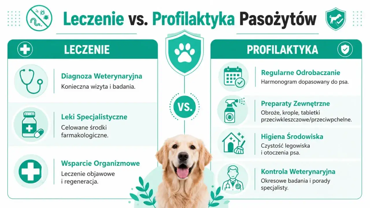 Grafika porównuje leczenie i profilaktykę przeciwpasożytniczą u psów. Pokazuje, że robaki u psa wymagają diagnozy i leków, a profilaktyka to regularne odrobaczanie i higiena.