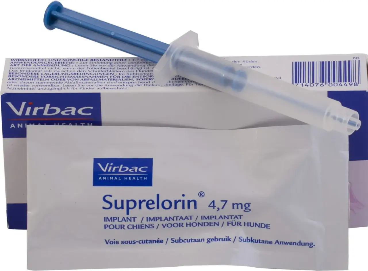Zestaw do kastracja chemiczna psów: implant Suprelorin 4,7 mg od Virbac w strzykawce.