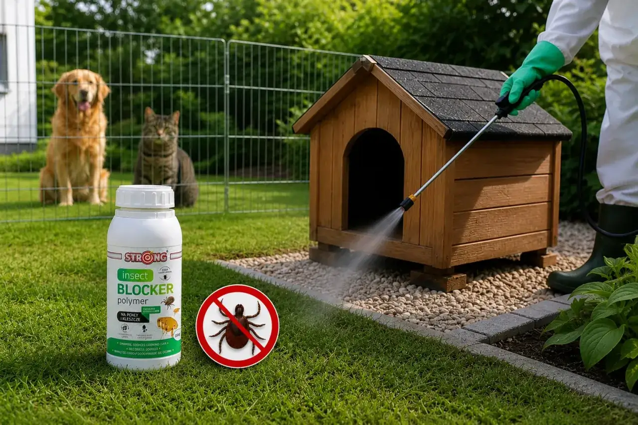 Skuteczne domowe sposoby na kleszcze u psa: preparat Insect Blocker Polymer i oprysk budy. Pies i kot bezpieczni w ogrodzie.