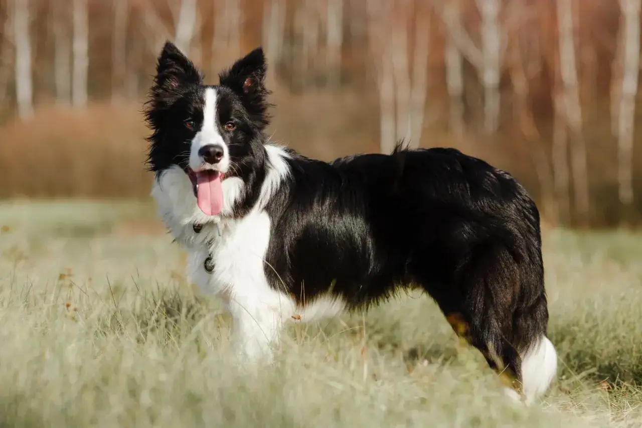 Piękny border collie w trawie, z językiem na wierzchu. Ile żyje border collie? Średnio 10-17 lat.