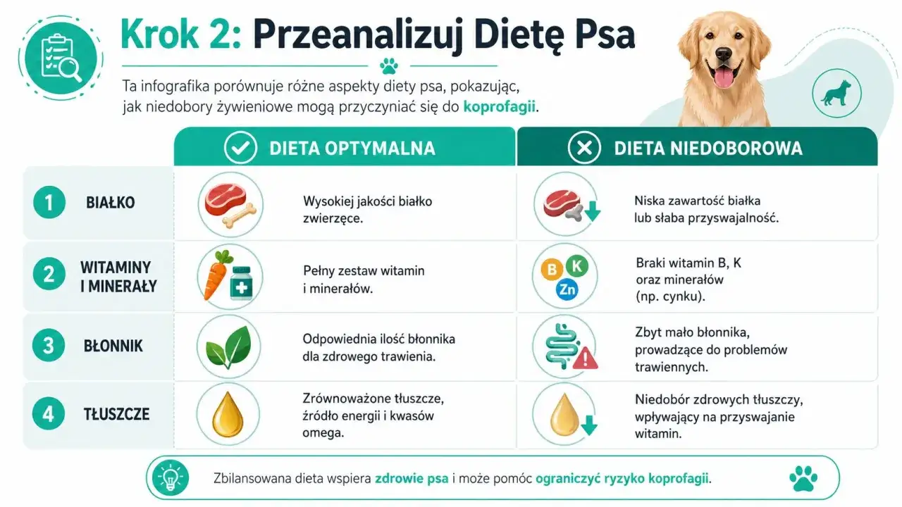 Infografika pokazuje, dlaczego pies je kupy: niedobory białka, witamin, błonnika i tłuszczu w diecie mogą prowadzić do koprofagii.