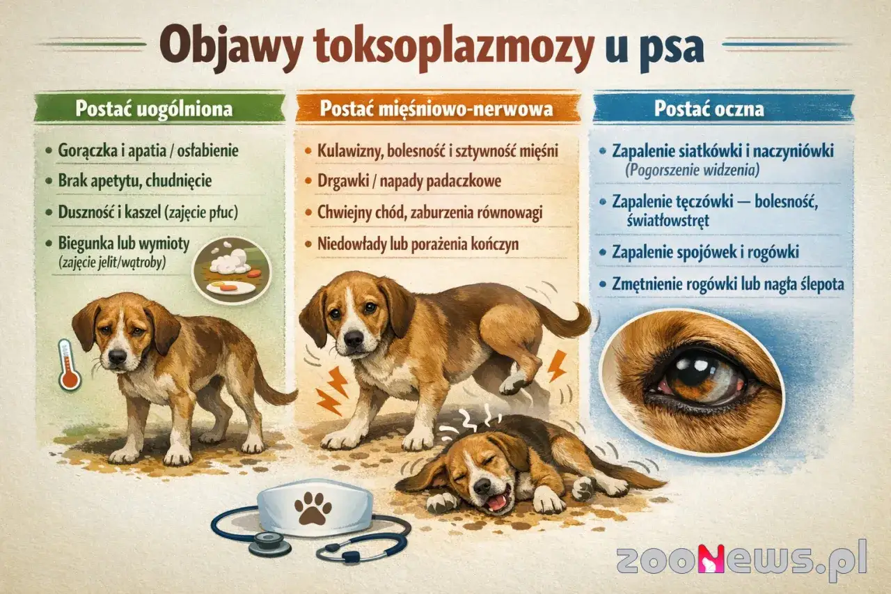 Ilustracja przedstawia objawy toksoplazmozy u psa: gorączkę, brak apetytu, duszności, biegunki, drgawki, kulawizny, a także problemy ze wzrokiem, jak zapalenie siatkówki czy zmętnienie rogówki.