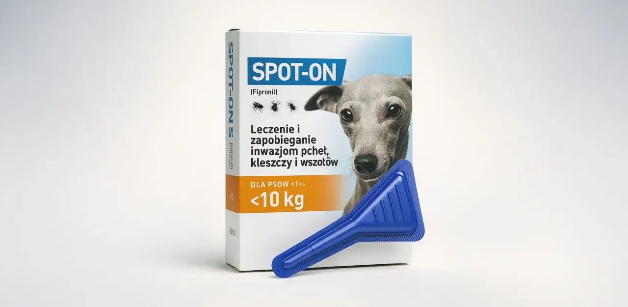 Pudełko kropli SPOT-ON z psem i aplikatorem. Czyżby dziwne zachowanie psa po kroplach na kleszcze?