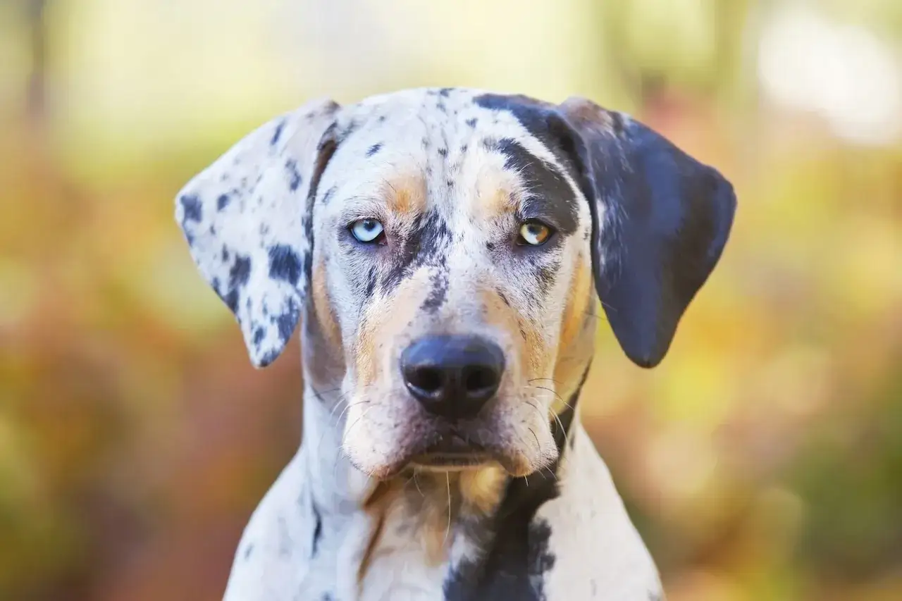 Piękny pies rasy catahoula leopard z niebieskimi i brązowymi oczami, o sierści w łaty, patrzy prosto w obiektyw.