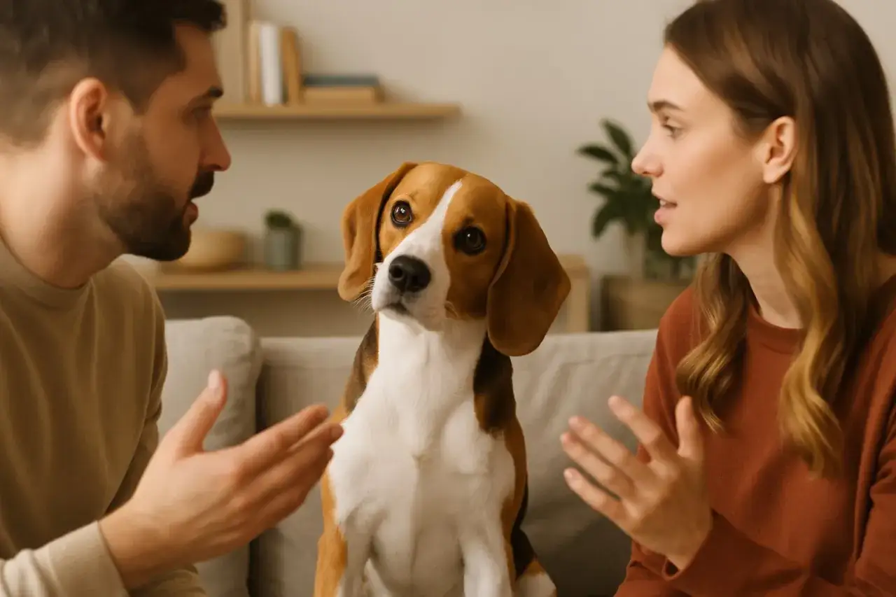 Beagle siedzi między parą, kt&oacute;ra dyskutuje. Czy pies rozumie ludzką mowę? Jego spojrzenie sugeruje, że tak.