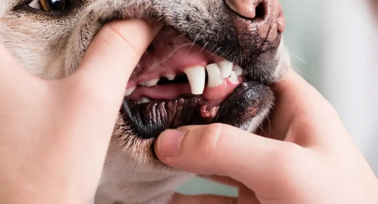 Zęby psa po podaniu Dentastix wyglądają niezdrowo. Widać ubytki i zaczerwienienie dziąseł.