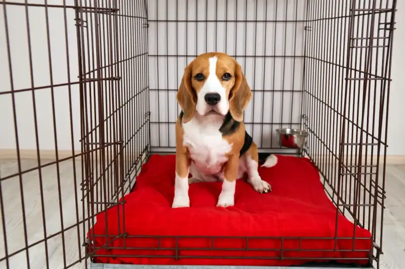 Uroczy beagle siedzi na czerwonym kocu w przestronnych klatkach kennelowych.